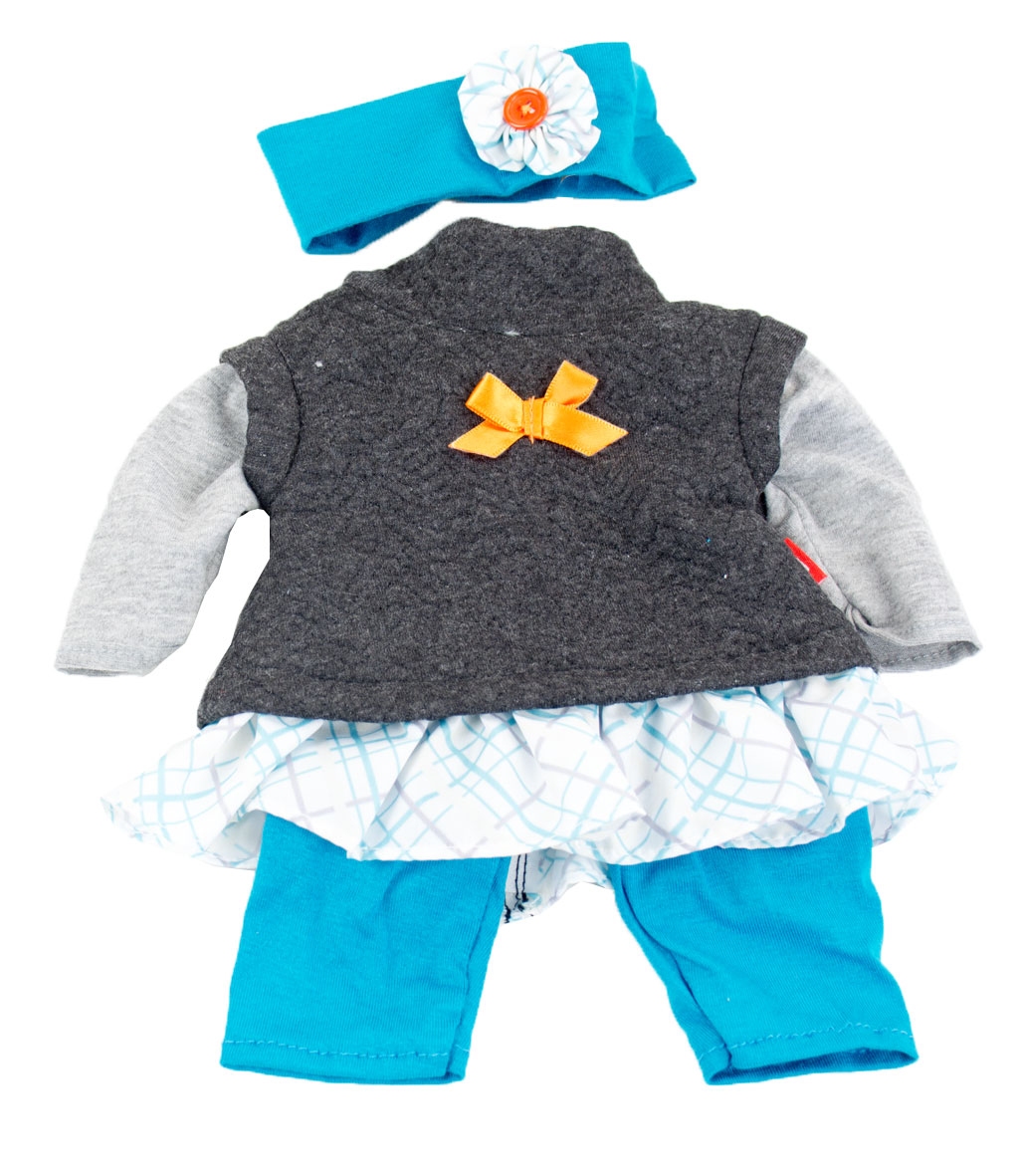 21098-12-mit-stirnband.jpg Puppenkleidung Kleid, Hose & Stirnband Blau/Grau – 38 cm – Bild 1