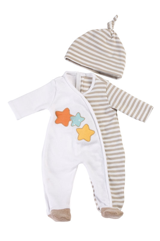 21098-13-Puppenkleidung.jpg Puppenstrampler Beige mit Mütze – für Puppen bis 40 cm – Bild 1
