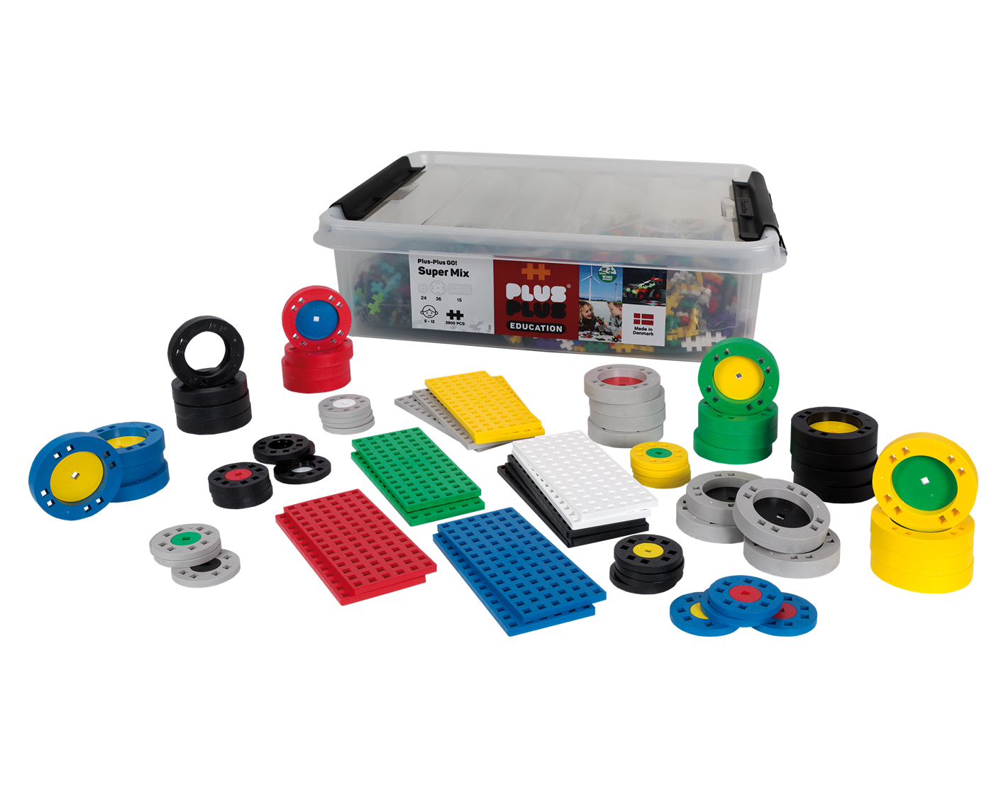 25117-go-PlusPlus-go-Box1-SuperMix2600Teile.jpg Plus Plus GO – 2600 Bausteine, große & kleine Räder, 15 Bauplatten – Bild 1