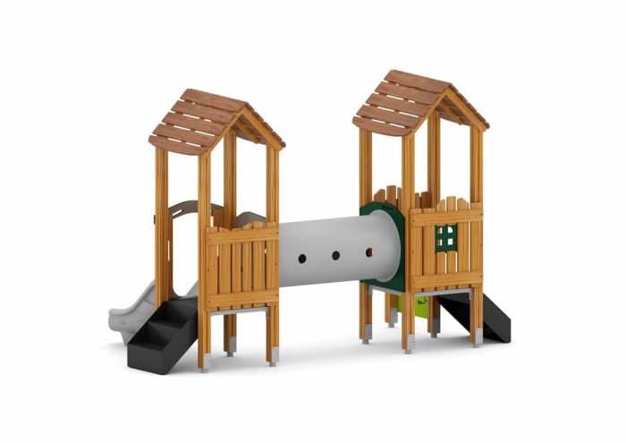 U3-Doppel-Spielturm mit Rutsche, Spielwänden und Kriechtunnel – Bild 2
