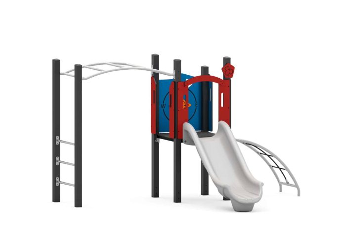 Spielturm mit Einzelrutsche, Spielwand Uhr & Kompass, Hangel- und Bogenleiter – Bild 2