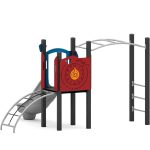 Spielturm mit Einzelrutsche, Spielwand Uhr & Kompass, Hangel- und Bogenleiter