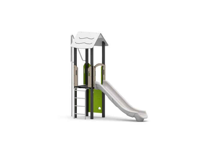 Spielturm mit Einzelrutsche, Sprossenleiter, Rutschstange und Kletterwand vertikal – Bild 3