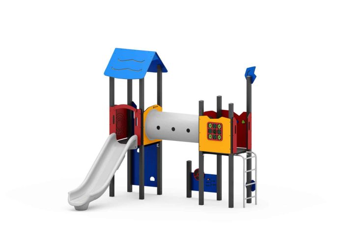 Spielturm mit Einzelrutsche, Kriechtunnel, Spielwände, Sprossenleiter und Kletterwand – Bild 3