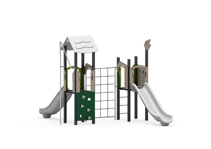 Spielturm mit Rutsche, Kletternetz und Kletterwand – Bild 2