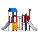 Spielturm mit Rutsche, Kletternetz und Kletterwand
