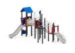 Spiel- und Kletteranlage mit Rutschen, Kriechtunnel, Kletterwand und Spielwände
