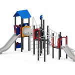 Spiel- und Kletteranlage mit Rutschen, Kriechtunnel, Kletterwand und Spielwände