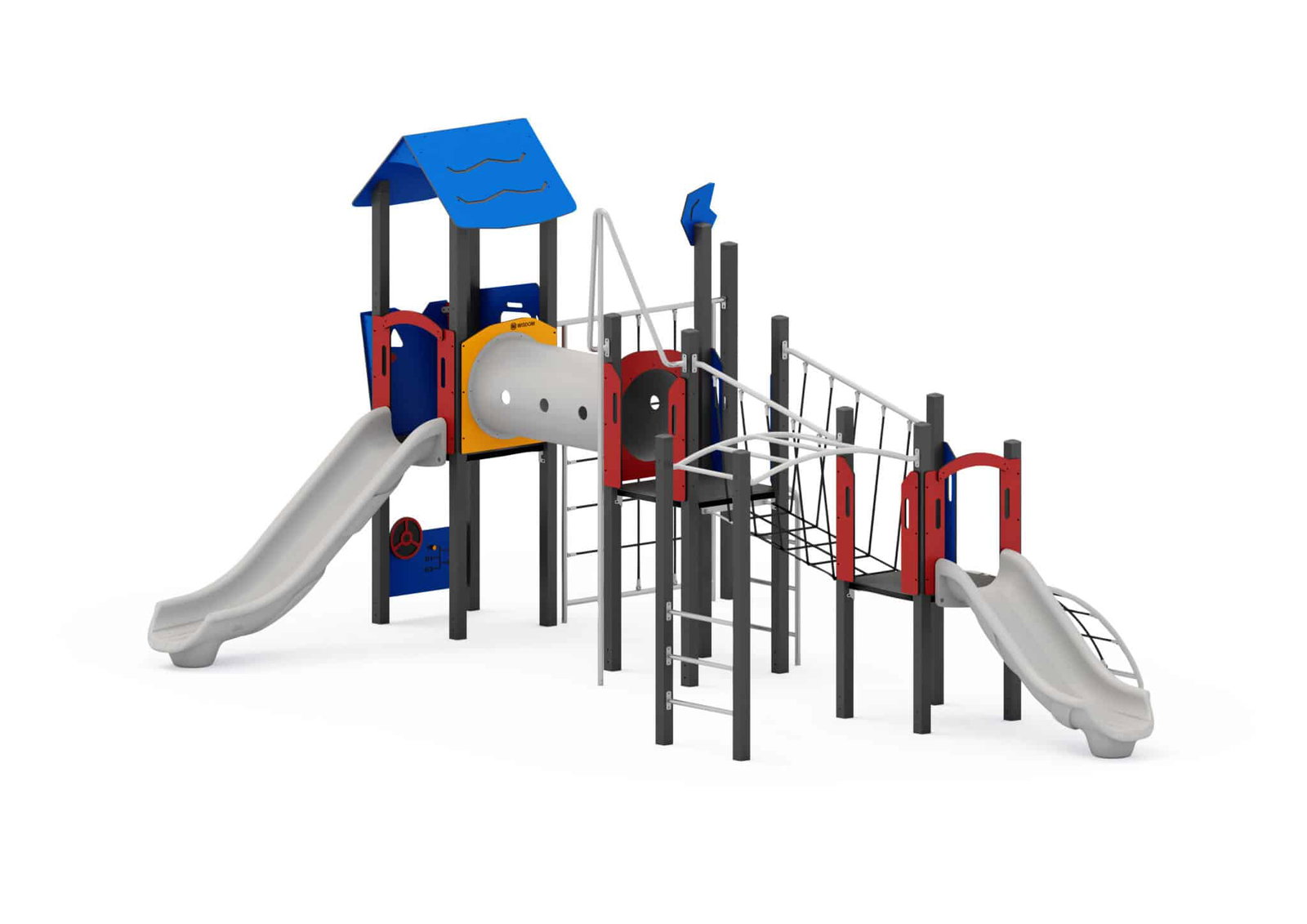 W-A007P-1-scaled-1.jpeg Spiel- und Kletteranlage mit Rutschen, Kriechtunnel, Kletterwand und Spielwände – Bild 1