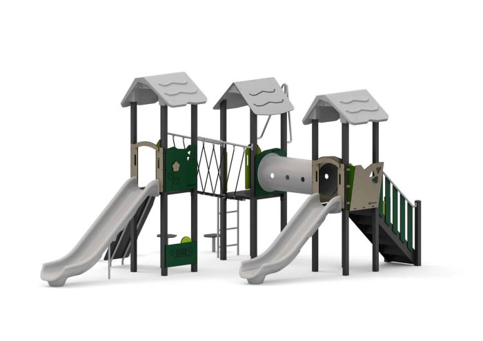 Spielanlage mit 2 Rutschen, Treppe, Kriechtunnel, Kletterwand und Spielwände – Bild 3