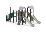 Spielanlage mit 2 Rutschen, Netz- und Plankenbrücke, Kletterwand und Spielwände – Bild 3