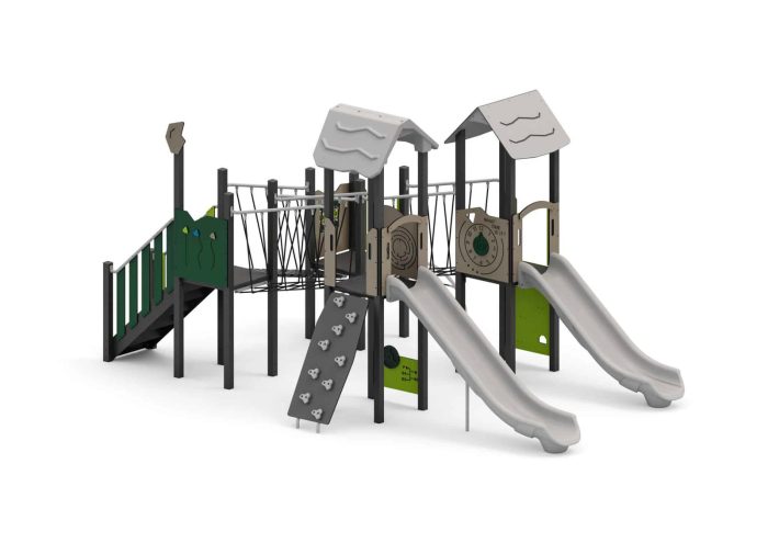 Spielanlage mit 2 Rutschen, Netz- und Plankenbrücke, Kletterwand und Spielwände – Bild 3