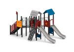 Spielanlage mit 2 Rutschen, Netz- und Plankenbrücke, Kletterwand und Spielwände