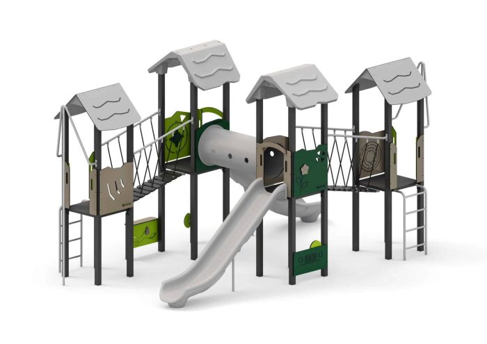 Spielanlage mit Rutschen, Kriechtunnel, Plankenbrücke, Kletterelemente und Spielwände – Bild 3