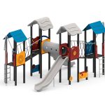 Spielanlage mit Rutschen, Kriechtunnel, Plankenbrücke, Kletterelemente und Spielwände