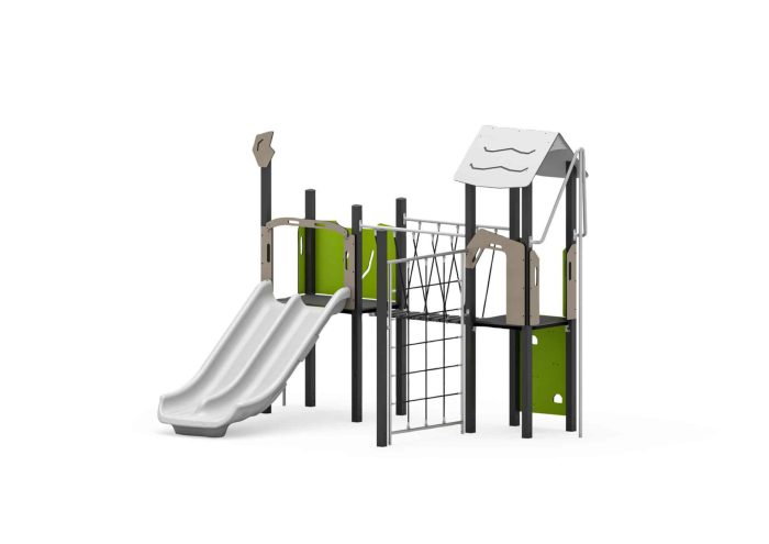 Spielturm mit Doppelrutsche, Plankenbrücke, Kletterwand und Kletternetz – Bild 3