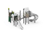 Spielanlage mit Rutsche, Spiralrutsche, Kriechtunnel, Kletterwand und Kletternetz