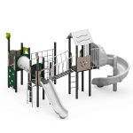 Spielanlage mit Rutsche, Spiralrutsche, Kriechtunnel, Kletterwand und Kletternetz
