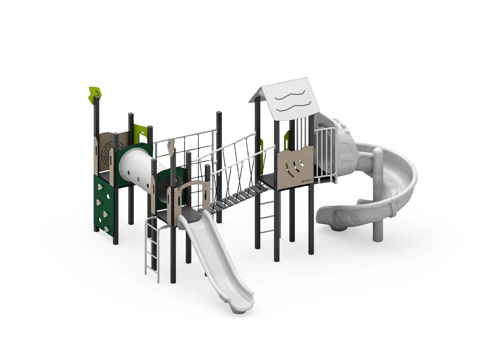 W-A014N-1-scaled-1.jpeg Spielanlage mit Rutsche, Spiralrutsche, Kriechtunnel, Kletterwand und Kletternetz – Bild 1