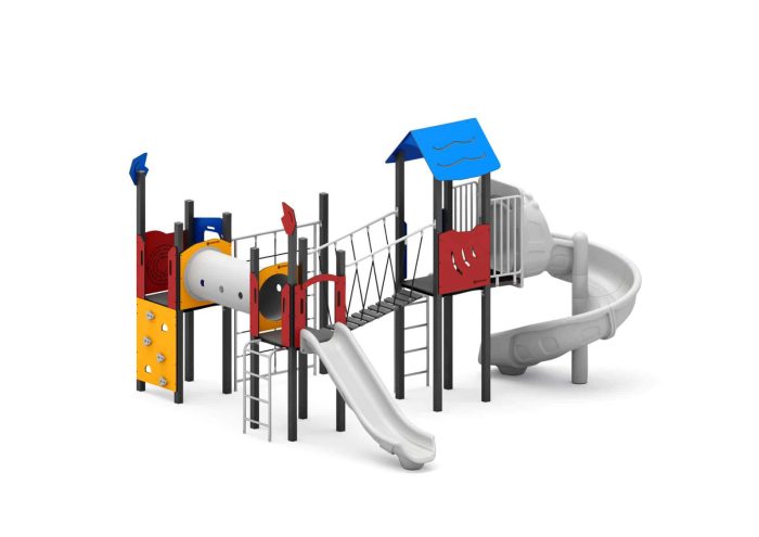 Spielanlage mit Rutsche, Spiralrutsche, Kriechtunnel, Kletterwand und Kletternetz – Bild 3