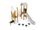 Spielturm mit Rutsche, Netzbrücke, Kletterwand und Spielwände