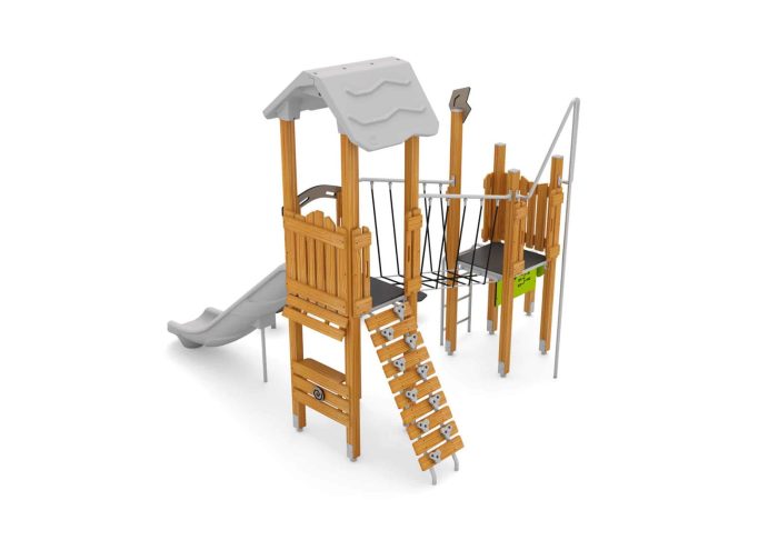 Spielturm mit Rutsche, Netzbrücke, Kletterwand und Spielwände – Bild 2