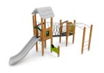 Spielturm mit Rutsche, Plankenbrücke, Kletternetz und Spielwände