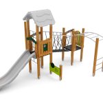 Spielturm mit Rutsche, Plankenbrücke, Kletternetz und Spielwände