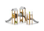 Spielturm mit Rutschen, Netzbrücke, Kriechtunnel und Kletterwand und Spielwände – Bild 2