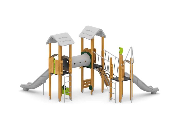 Spielturm mit Rutschen, Netzbrücke, Kriechtunnel und Kletterwand und Spielwände – Bild 2