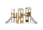 Spielturm mit Rutschen, Netzbrücke, Kriechtunnel und Kletterwand und Spielwände