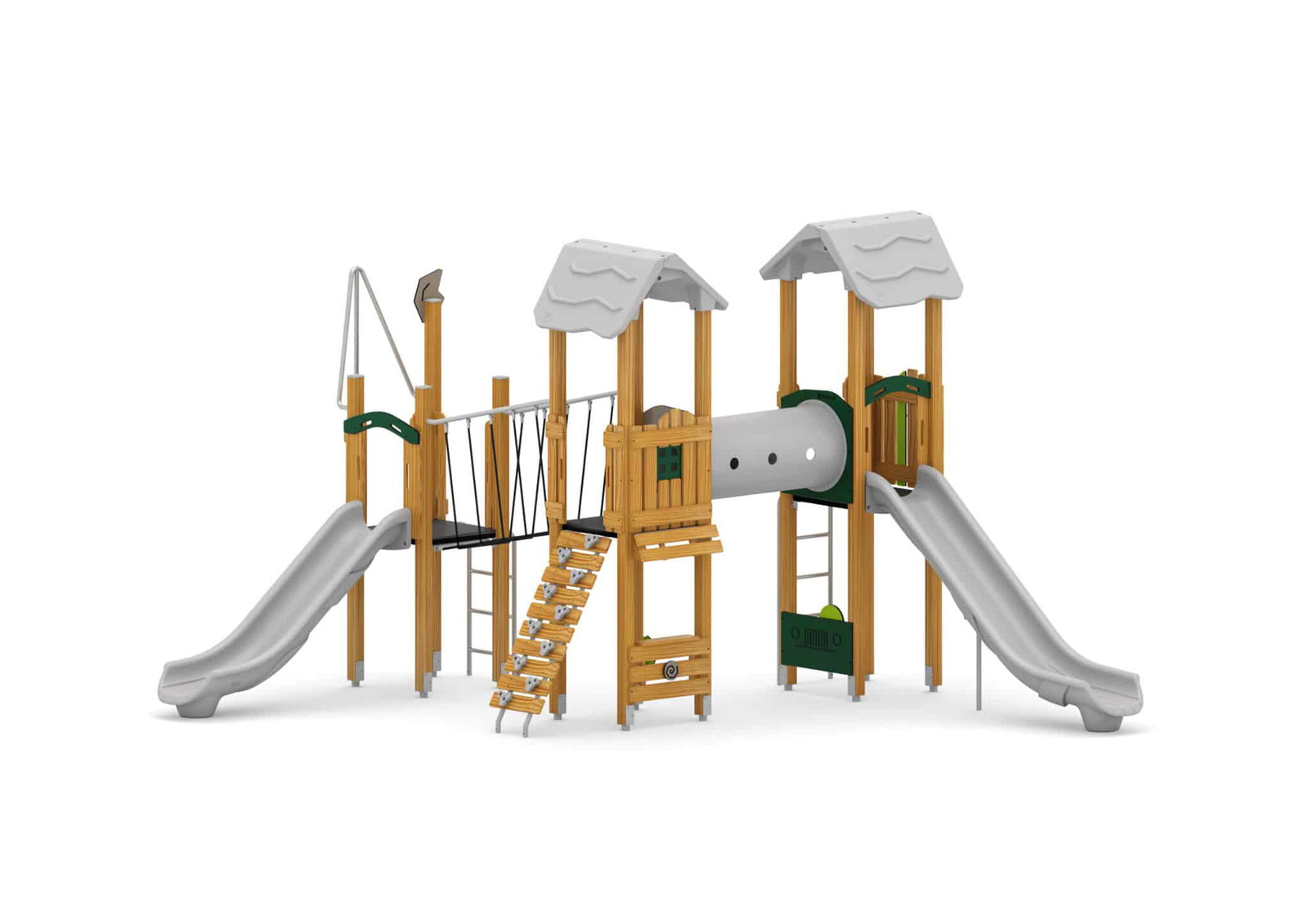 W-B008-2-scaled-1.jpeg Spielturm mit Rutschen, Netzbrücke, Kriechtunnel und Kletterwand und Spielwände – Bild 1