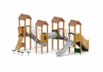 Spielturmanlage mit Rutschen, Brücken, Kriechtunnel und Kletterelementen