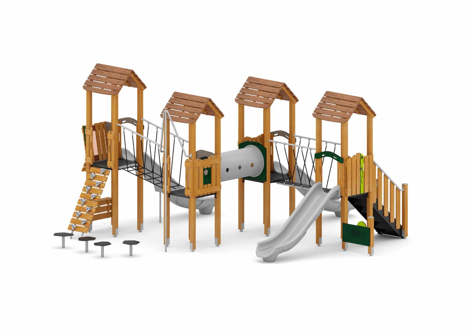 W-B010-1-scaled-1.jpeg Spielturmanlage mit Rutschen, Brücken, Kriechtunnel und Kletterelementen – Bild 1