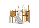 Spielturm mit Doppelrutsche, Balkenbrücke und Kletterelementen