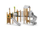 Spielplatzanlage mit Rutsche, Spiralrutsche, Kriechtunnel und Kletterelementen