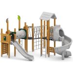 Spielplatzanlage mit Rutsche, Spiralrutsche, Kriechtunnel und Kletterelementen