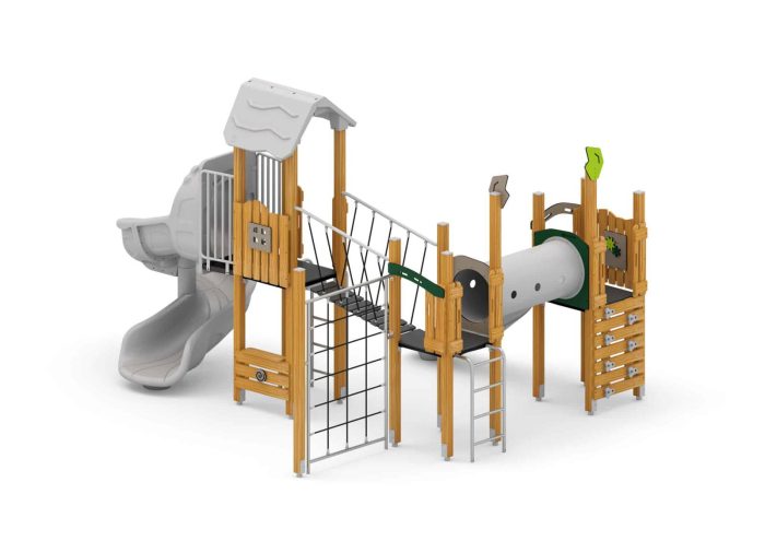 Spielplatzanlage mit Rutsche, Spiralrutsche, Kriechtunnel und Kletterelementen – Bild 2
